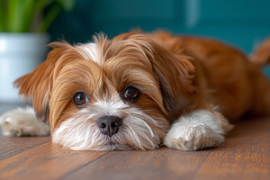 A cute, small brown and white dog resting on wooden floor, exuding a calm and c, an Animal Photo by ImageMir