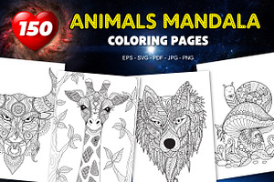150 Animals Mandala Coloring Vector