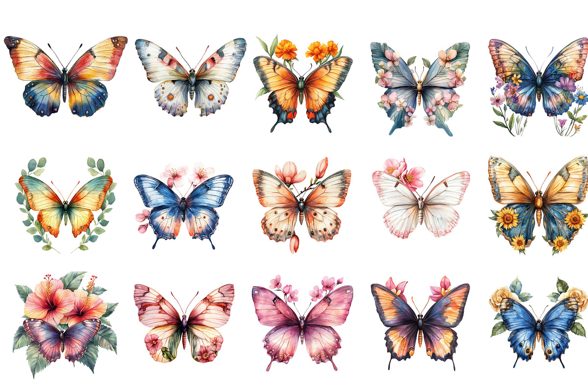 Watercolor Floral Butterflies Clipar, an Illustration by Designking (Photo 2 of 5)