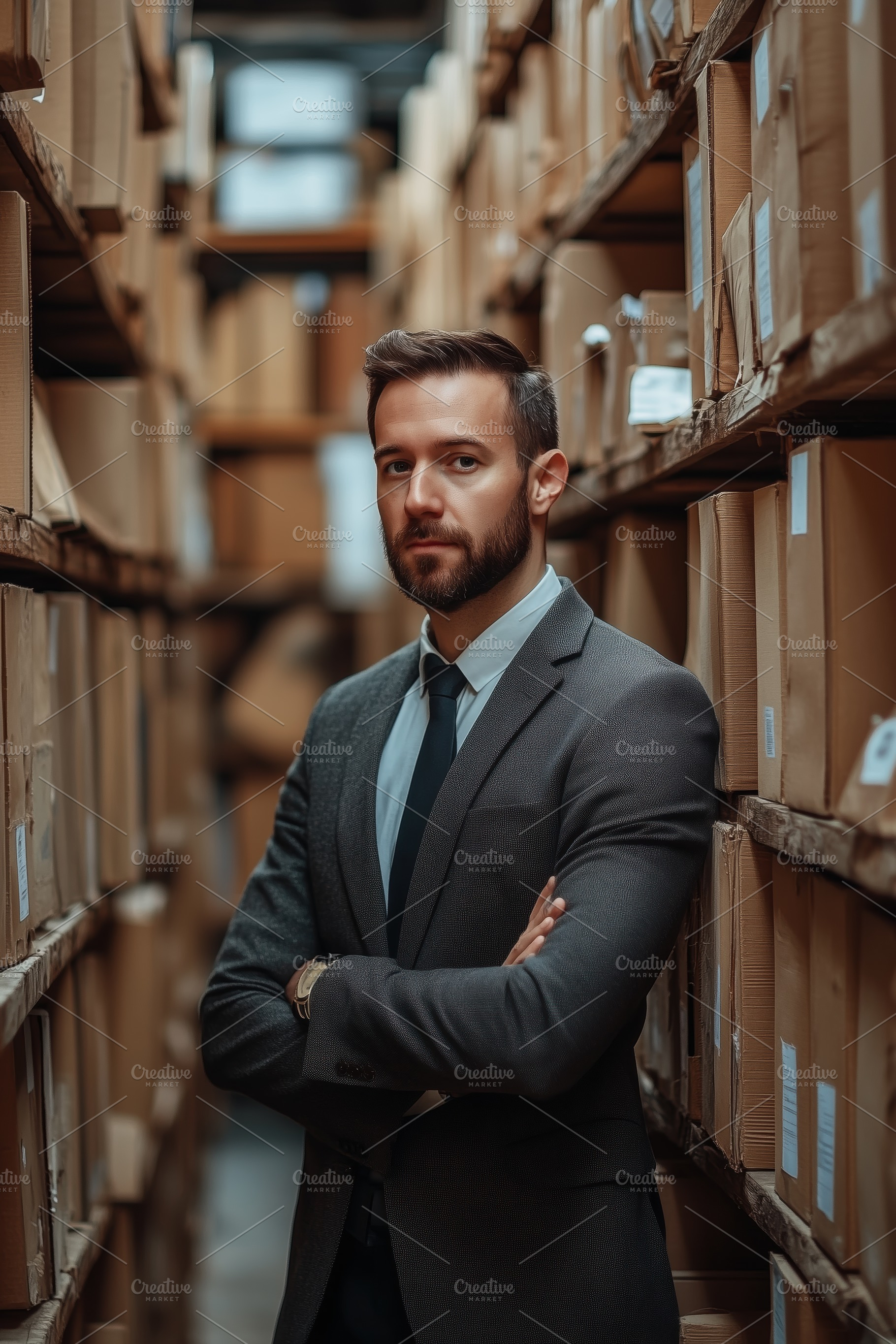 A confident businessman document specialist stands with arms crossed in a wareh, a Person Photo by Textures & Backgrounds
