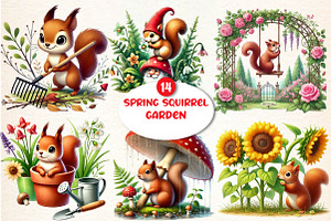 Spring Squirrel Garden Clipart, a Seasonal Illustration by DreamArtGraphic