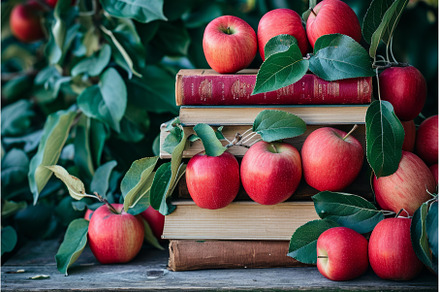 Apples on stacked books amidst, a School & Education Photo by Ylivdesign
