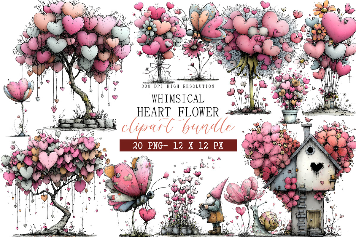 Whimsical Heart Flower Clipart, an Illustration by DreamArtGraphic (Photo 1 of 4)