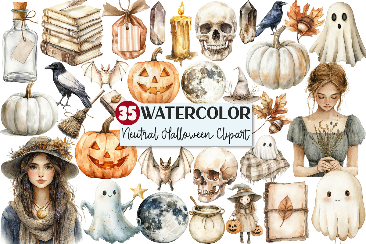 Watercolor Neutral Halloween Clipart, an Illustration by Rose Art (Photo 1 of 7)