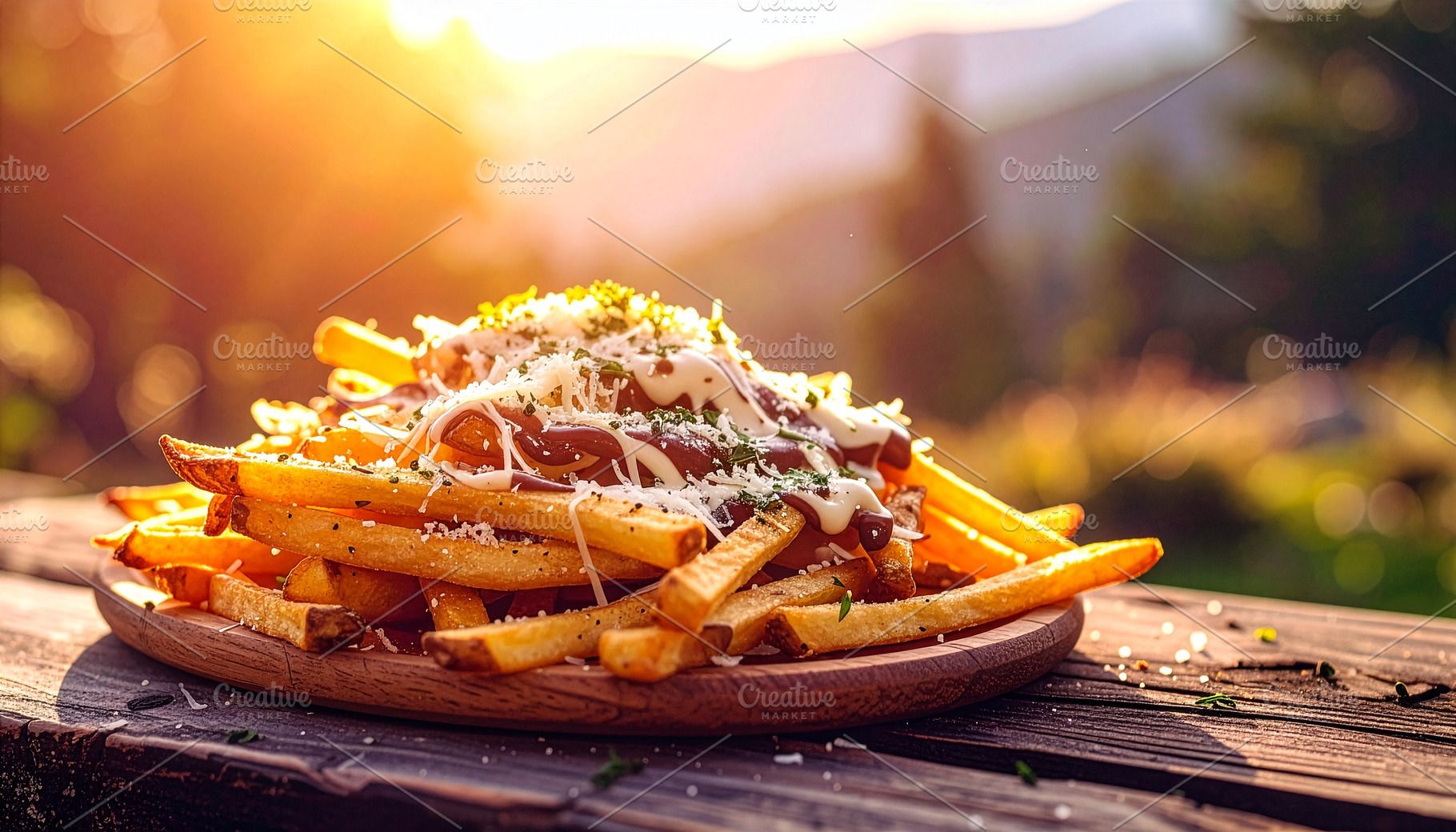 Loaded fries with creamy truffle mayo on a rustic wooden table in warm sunset l, a Food & Drink Photo by DutchDigitalDesign