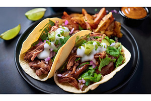 Two fresh tacos filled with shredded, a Food & Drink Photo by Igor Tichonow