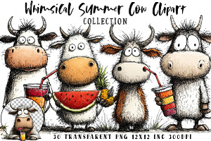 Whimsical Summer Cow Clipart, an Illustration by OK Design