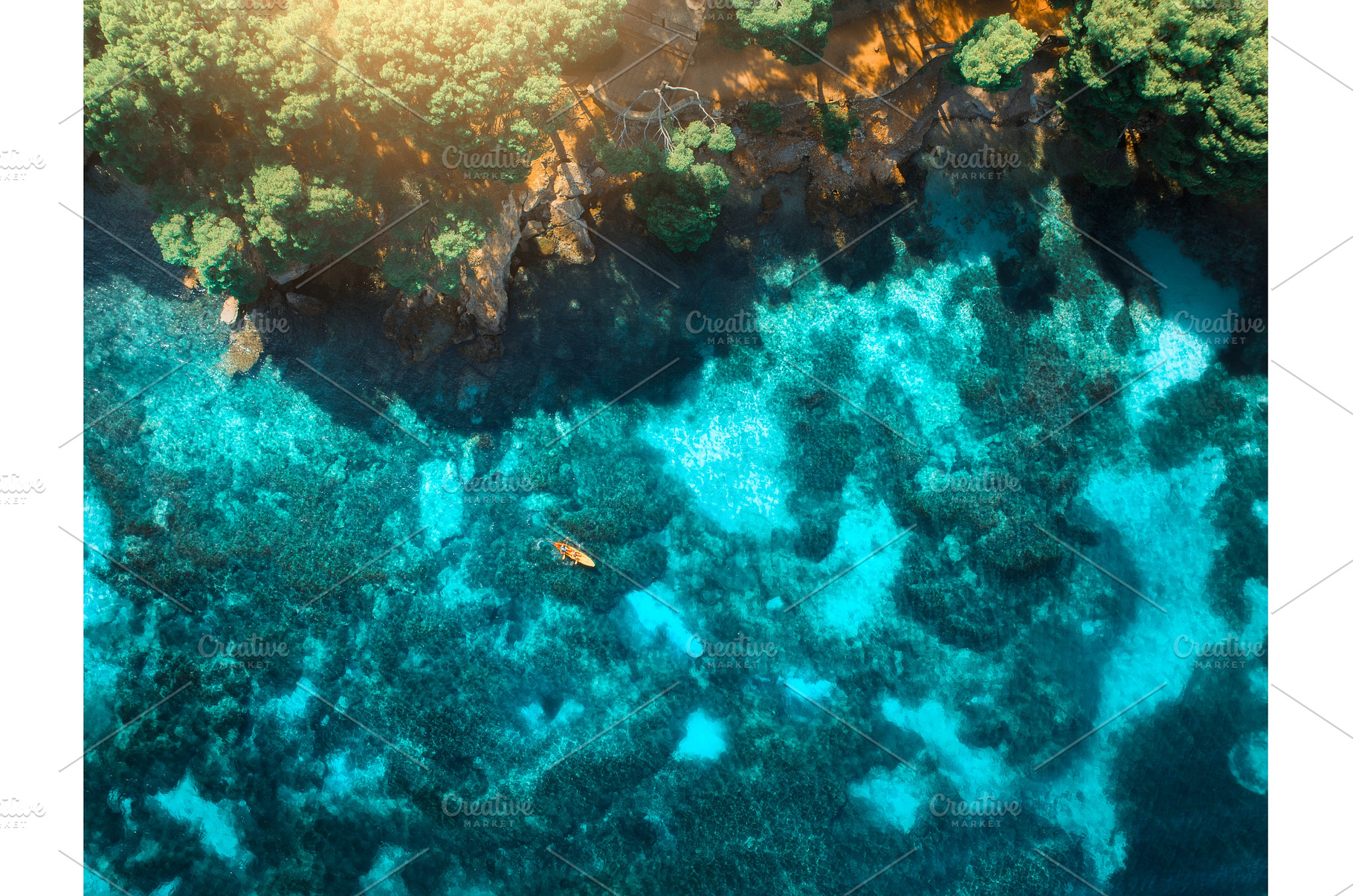 Aerial view of a kayak, azure water, a Nature Photo by den-belitsky