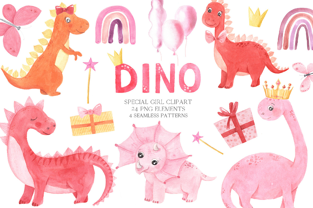 Watercolor Dinosaurs Girl clipart, a Background Graphic by LarysaZabrotskaya (Photo 1 of 9)