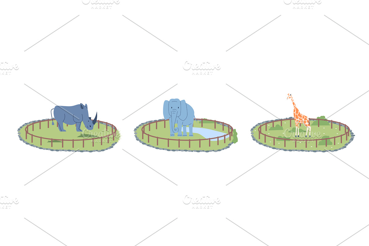Wild animals in pens on green grass, an Animal Illustration by LadadikArt