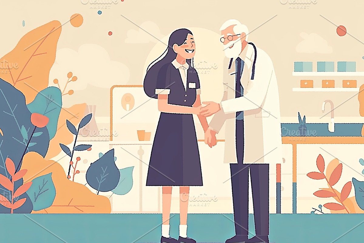 Doctor and patient shaking hands in a clinic surrounded by colorful leaves, an Illustration by AS photostudio