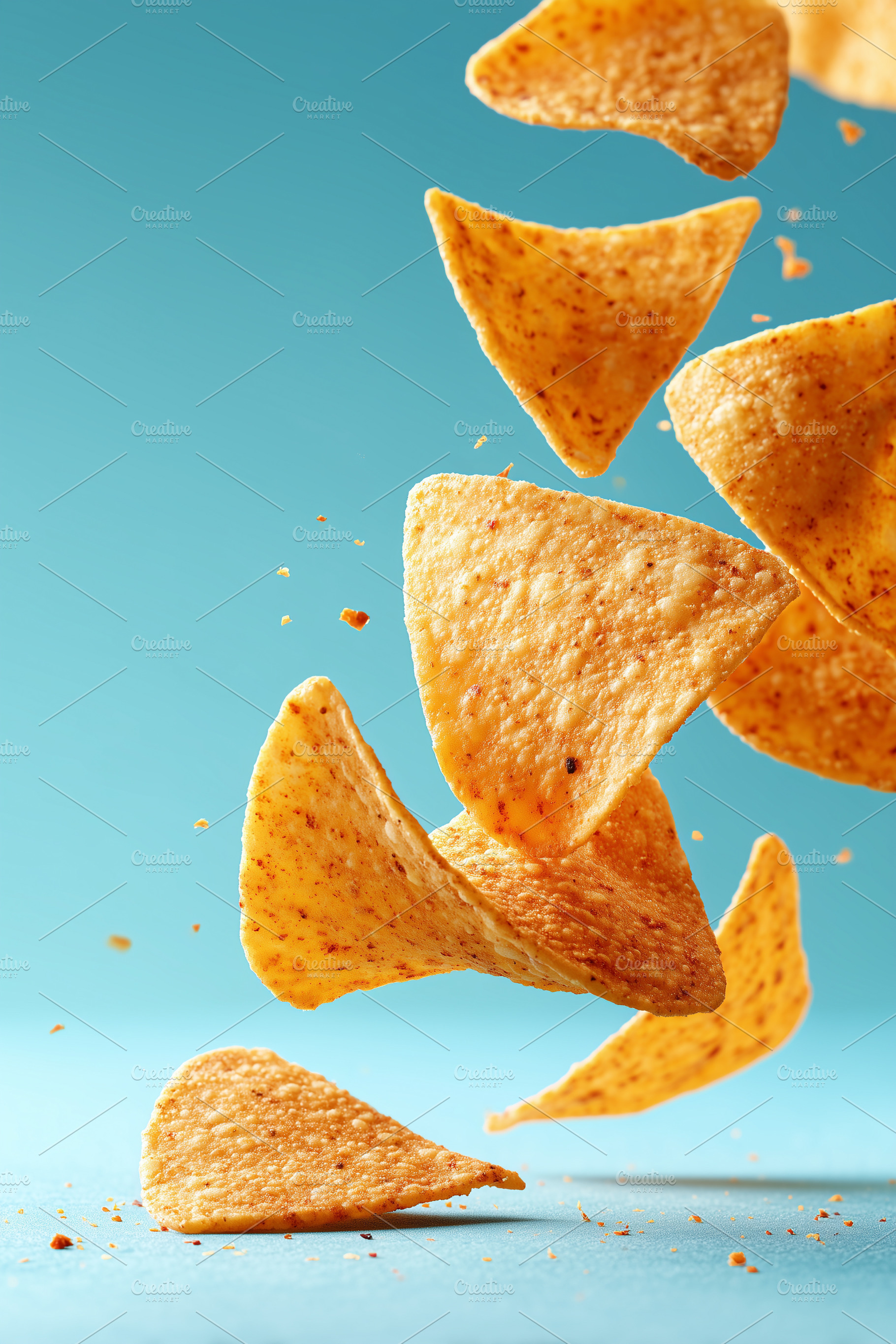 Crispy tortilla chips floating with, a Food & Drink Photo by MistyDay