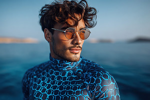 Model poses confidently in stylish wetsuit by the ocean on a sunny day, a Person Photo by AlyaAnd