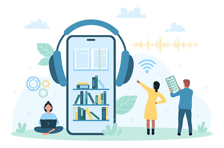 Audiobook mobile app, tiny people, a School & Education Photo by Flashvector