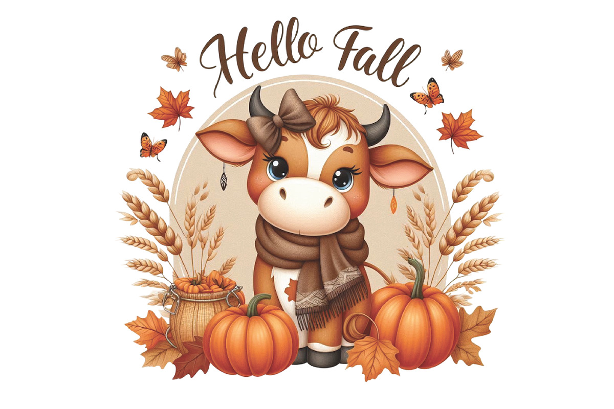 Baby Highland Cow Hello Fall PNG, an Illustration by CraftArtStudio (Photo 1 of 4)