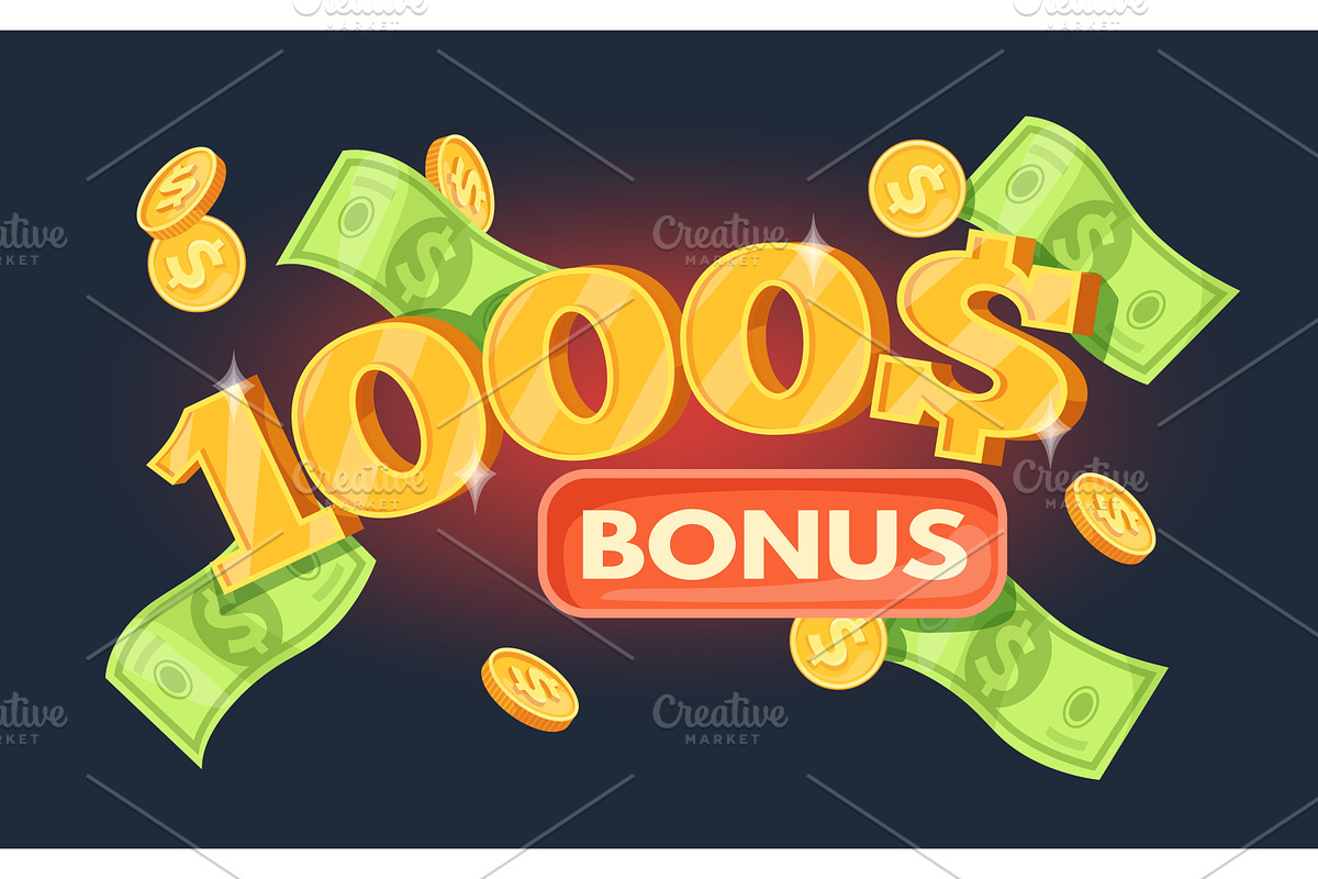 1000 dollars bonus. Falling coins, a Finance Illustration by Stock-Smart-Start