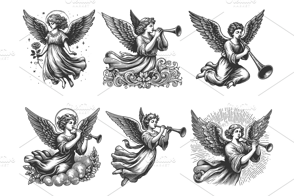 trumpet-playing angel engraving, an Illustration by AlexArt