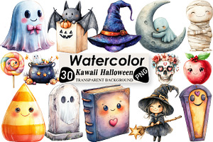 Watercolor Kawaii Halloween Clipart, an Illustration by Black Bird Studio
