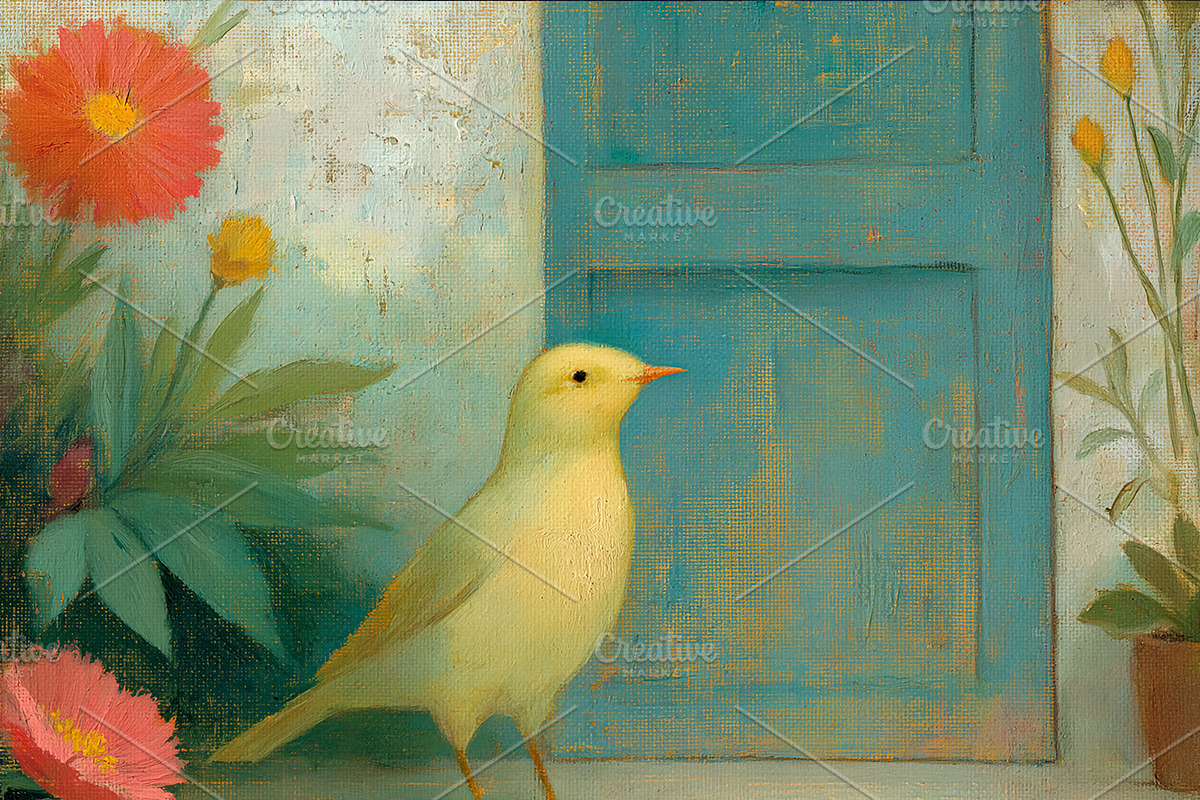 Yellow bird perching near a teal door, vibrant flowers blooming, an Illustration by Studio ANNA