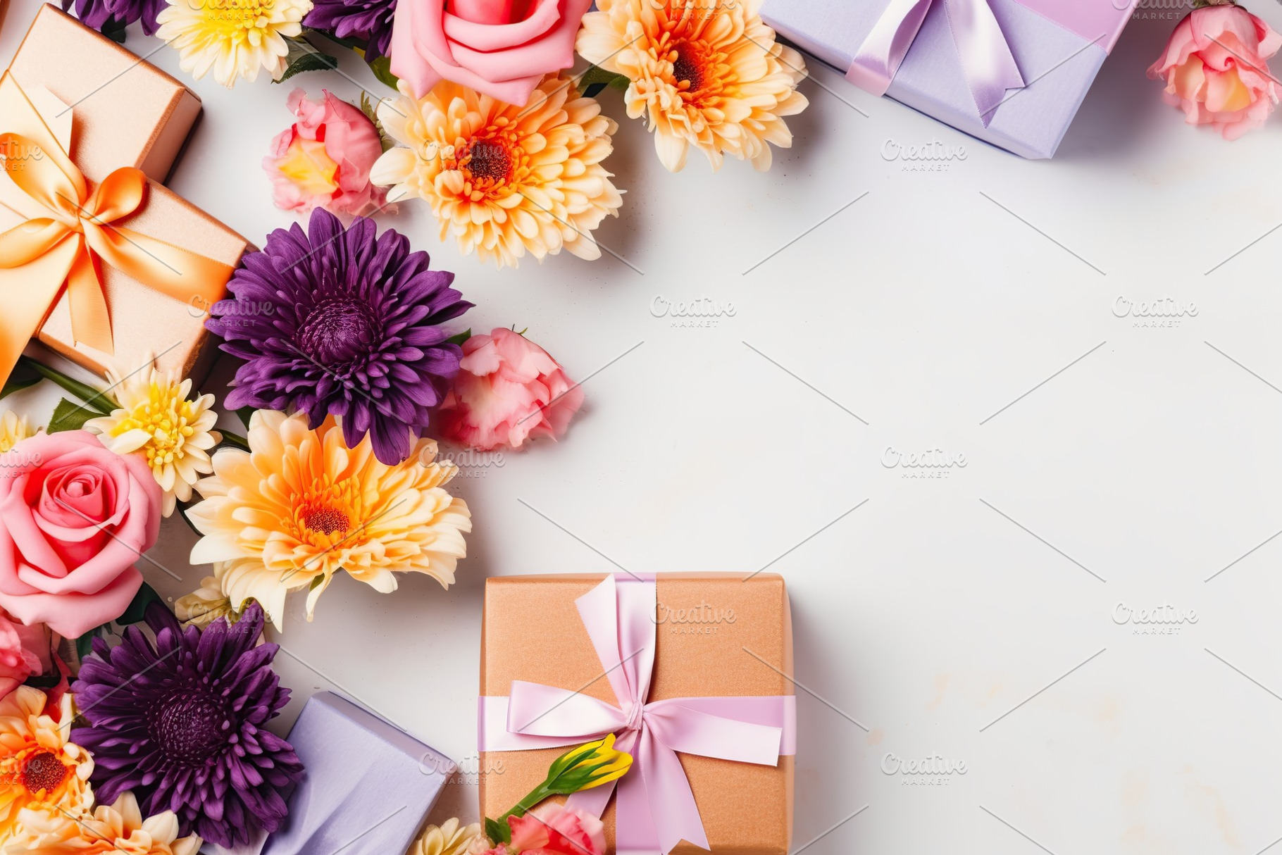 Beautiful flowers with gift boxes and copyspace. Generative AI, a Holiday Photo by AlyaAnd