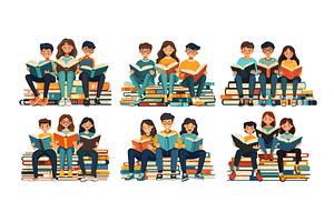 Three teenagers sitting on book pile, an Education Illustration by Onyx