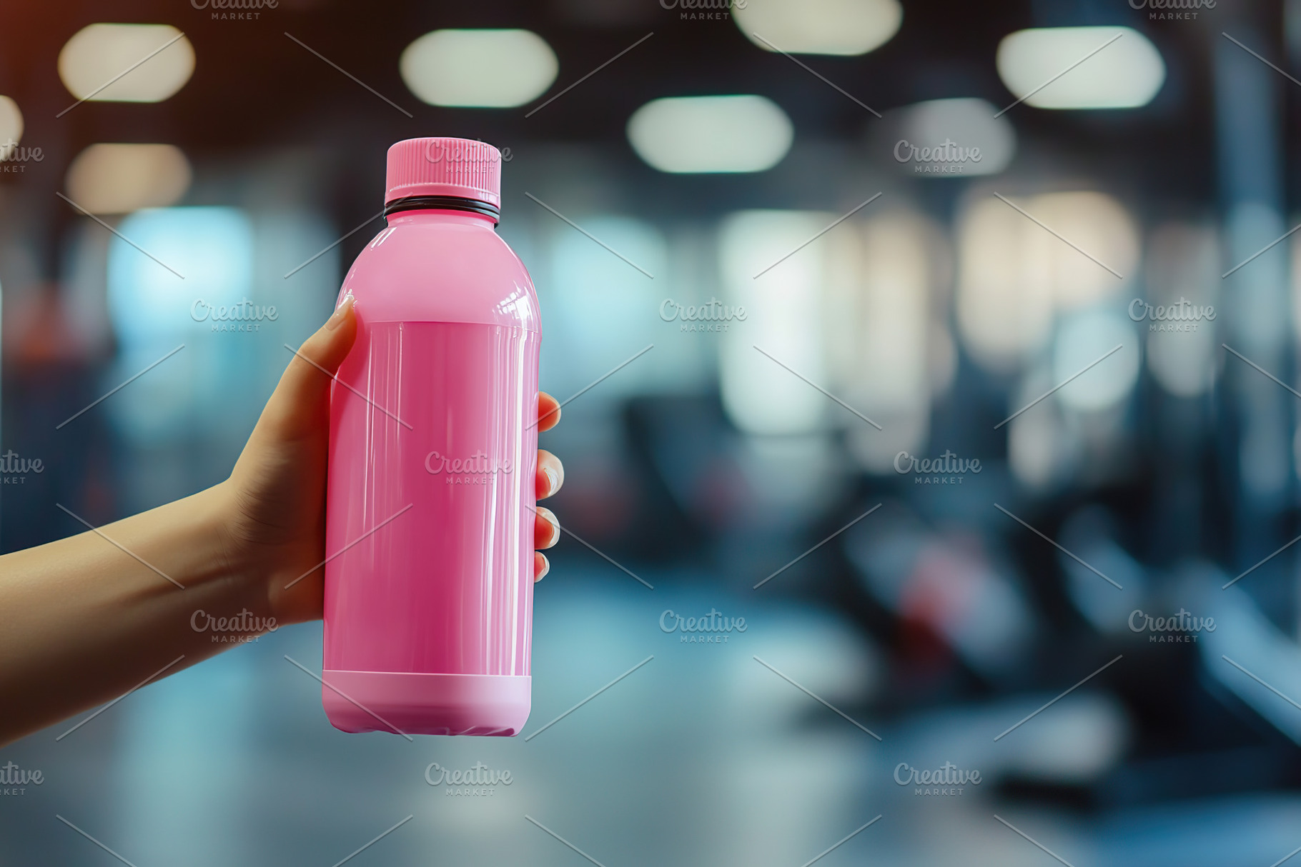 Hand holds a pink reusable sports bottle in a fitness center dur, a Food & Drink Photo by AlyaAnd