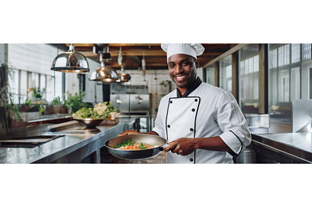 A smiling chef holding a pan with a, a Person Photo by Igor Tichonow