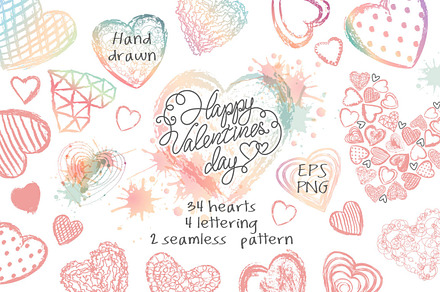 Love set Hand drawn hearts lettering