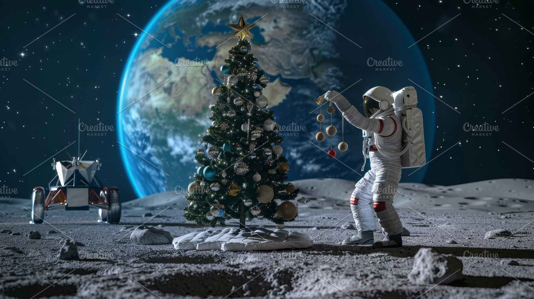 Futuristic holiday celebration with an astronaut and a Christmas tree on the mo, a Holiday Photo by Mashimara
