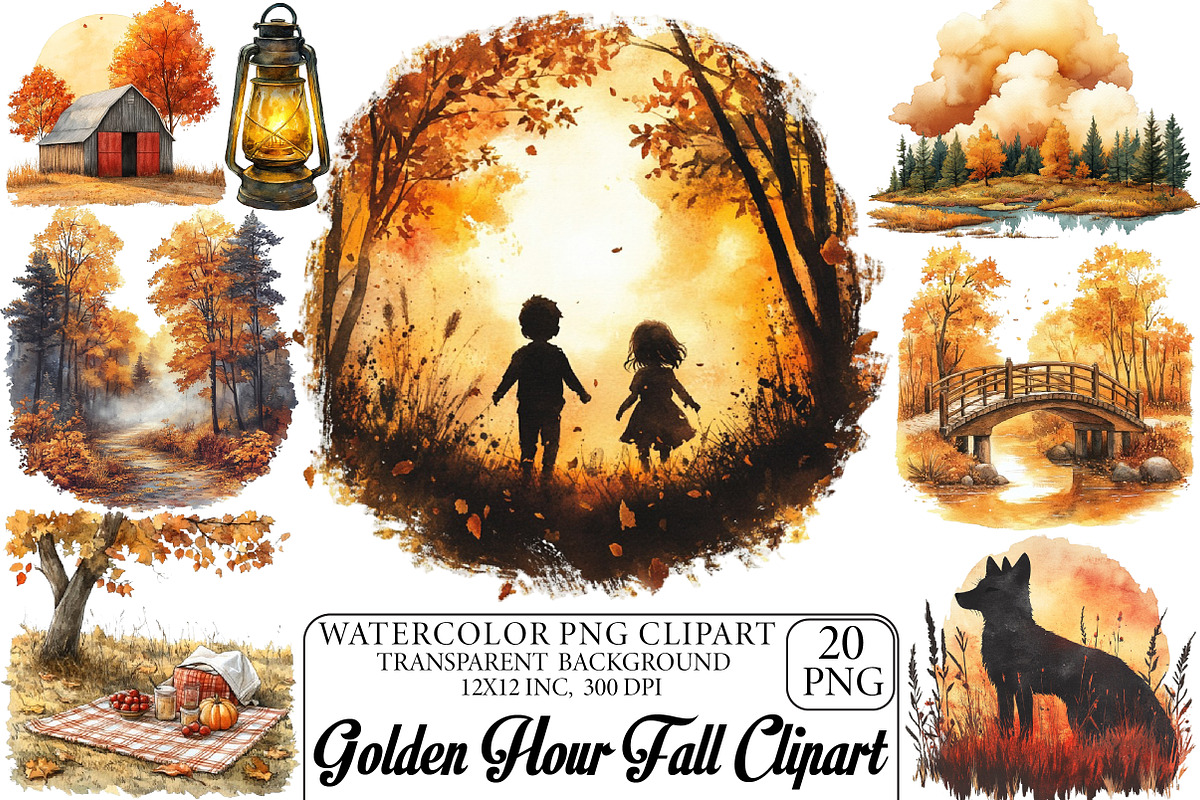 Watercolor Golden Hour Fall Clipart, an Illustration by DreamPrint404 (Photo 1 of 6)