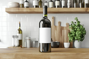 Wine bottle displayed on wooden countertop in modern kitchen setting, a Food & Drink Photo by AlyaAnd