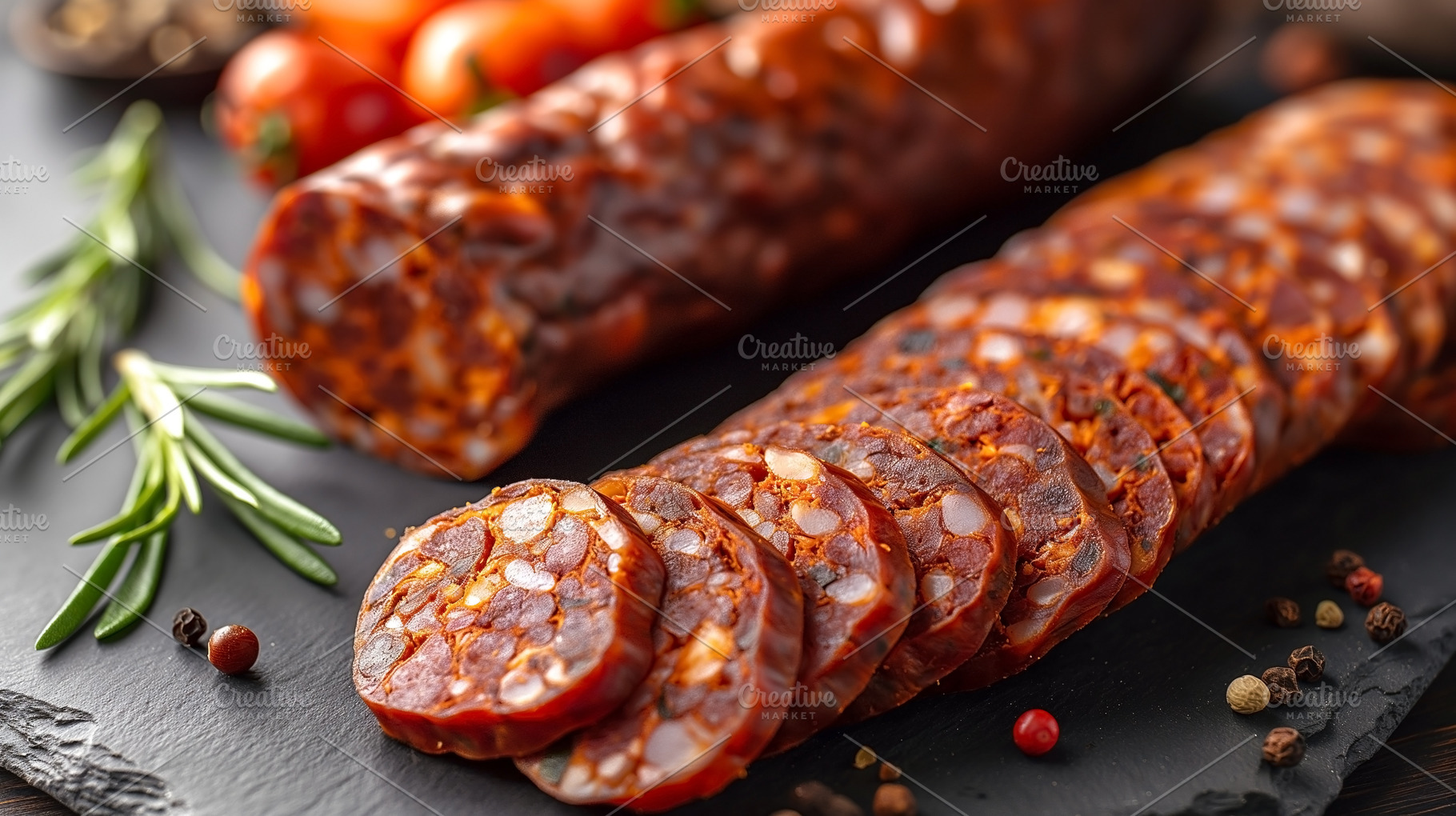 Sliced cured sausage on a slate board, garnished with fresh herb, a Food & Drink Photo by ImageMir