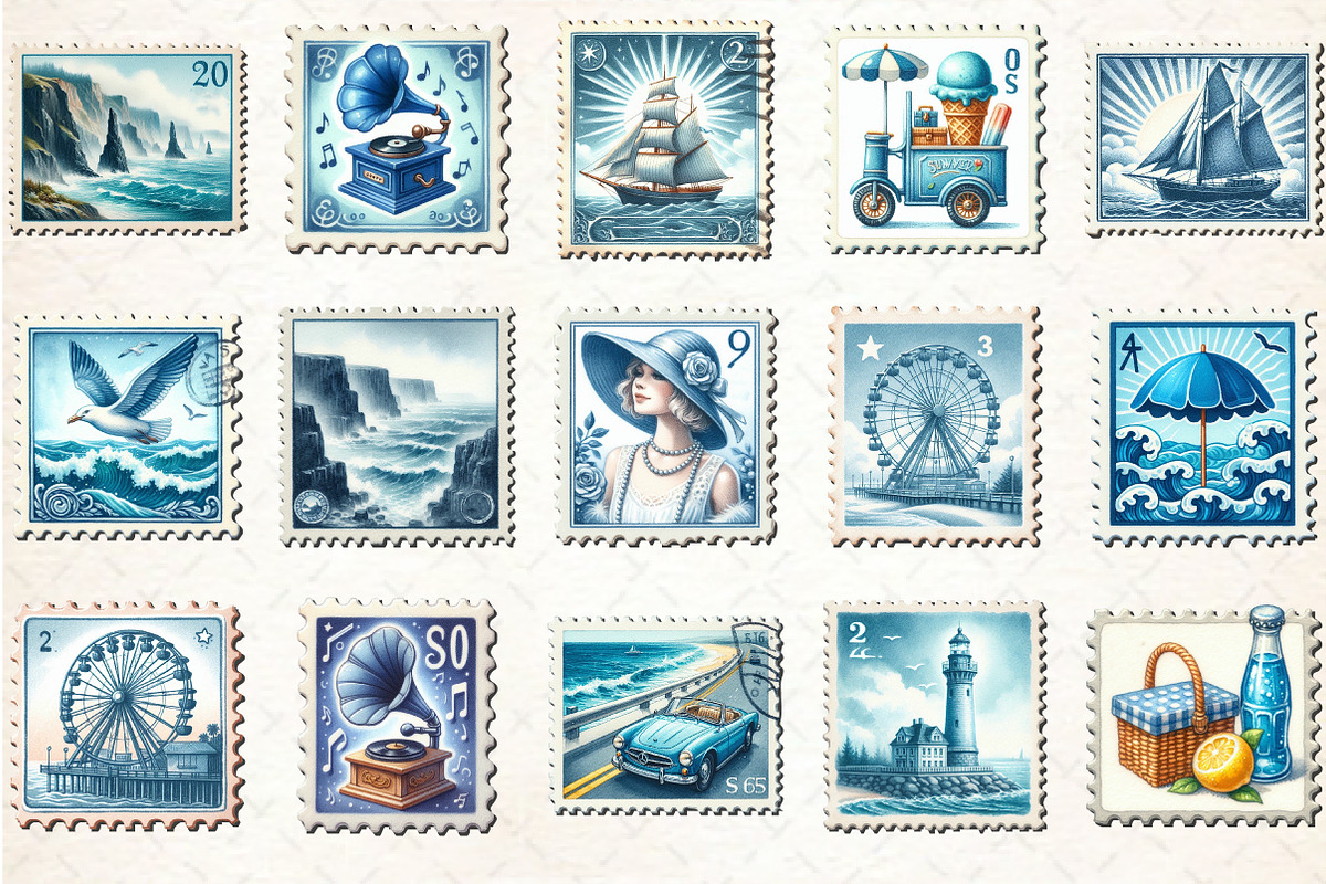 Blue Summer 1920 Postage Stamps Clip, an Illustration by Rose Art (Photo 1 of 3)