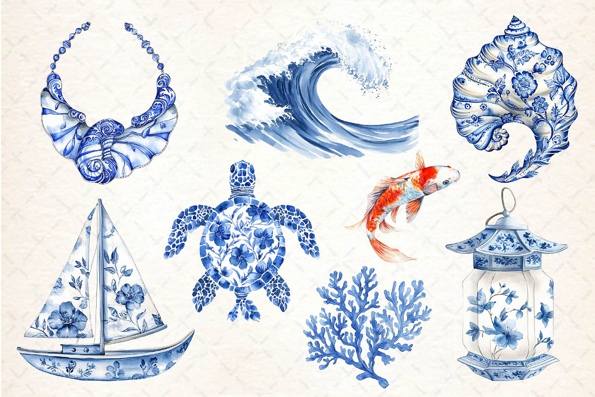Blue Chinoiserie Summer Clipart, an Illustration by Dream Creation (Photo 5 of 6)