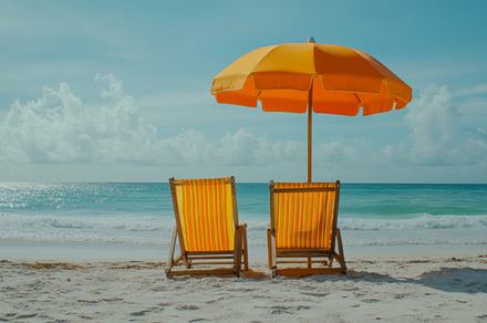Tropical Beach Chairs and Umbrella by the Ocean Shore, an Abstract Photo by Natalia Klenova's Shop