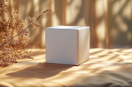 A minimalistic white cube on a textured surface, surrounded by delicate dried f, a Business Photo by ImageMir