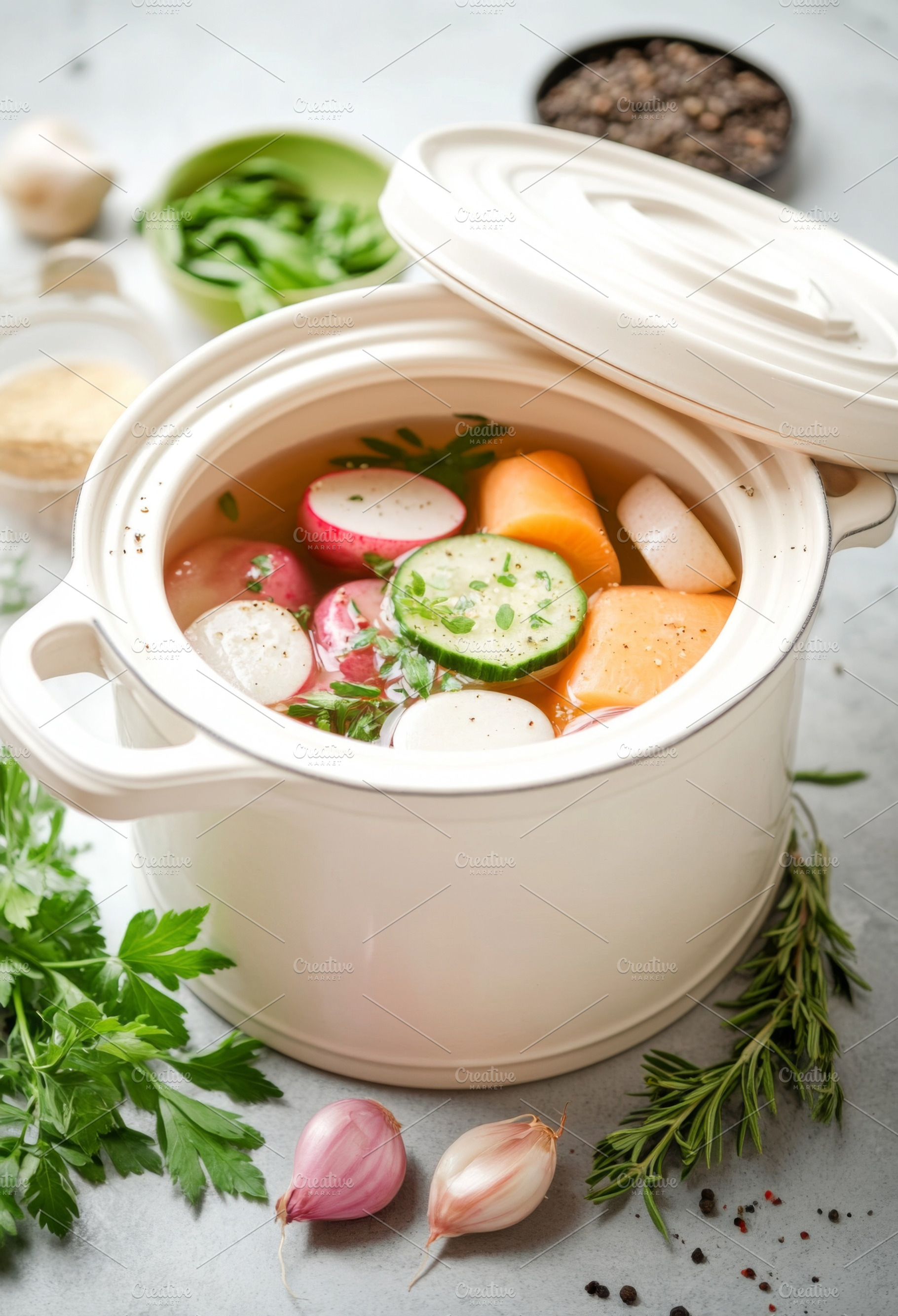 White ceramic pot with fresh vegetab, a Photo by Dvoevnore photos