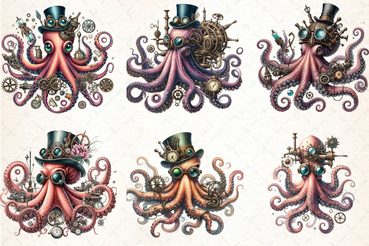 Watercolor Steampunk  Octopas, an Illustration by DreamCafeArt (Photo 4 of 7)