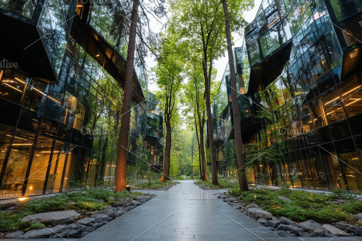 Modern ecological business buildings surrounded by lush green forest and nature, a Photo by AS photostudio (Photo 1 of 2)