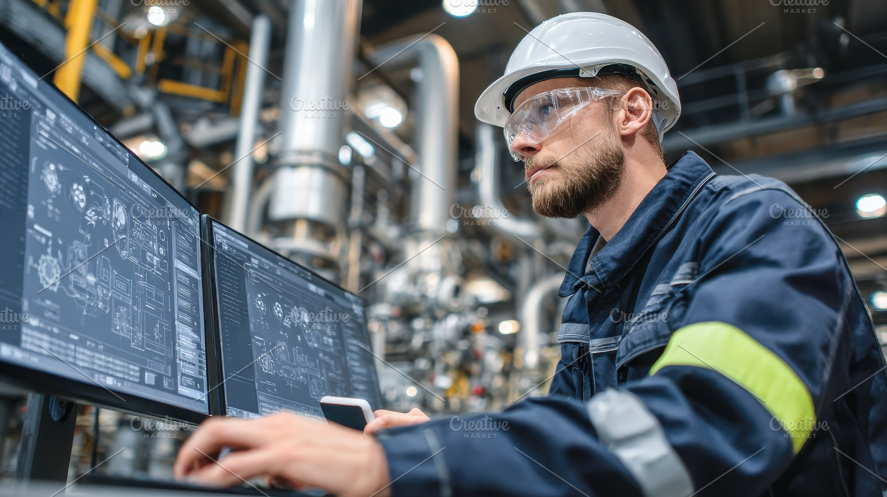 Engineer reviewing blueprints at ind, a Photo by Pixeness Studio