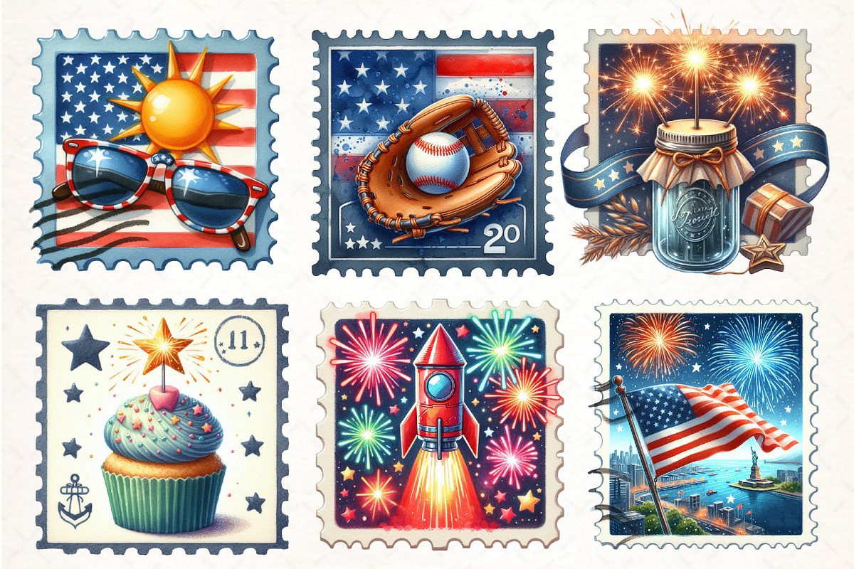 4th of July Postage Stamps Clipart, an Illustration by Pixels.Craft (Photo 2 of 7)