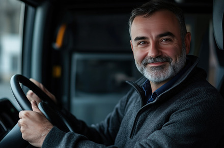 A smiling middle-aged bus driver man with a beard, sitting in the driver's seat, a Person Photo by Textures & Backgrounds