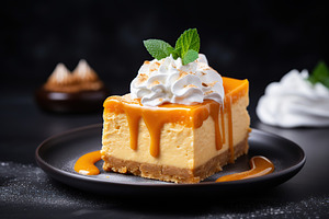 Slice of pumpkin cheesecake with whipped cream on black background, a Food & Drink Photo by AlyaAnd