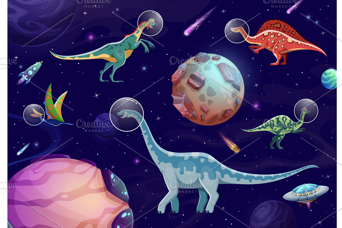 Cartoon dinosaur astronauts, an Animal Illustration by Vector Tradition
