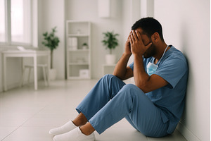 A tired healthcare worker in blue, a Person Photo by Sergey Kotenev