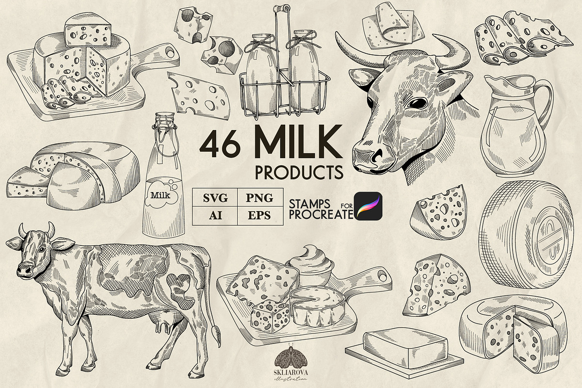 Milk products line art + Procreate, a Food Illustration by Skliarova (Photo 1 of 3)