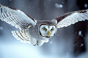 Beautiful owl flying with outstretched wings, an Animal Photo by AlyaAnd