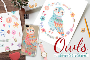 Watercolor owls clipart