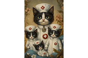 Texudo Cat and Kittens Nurse Outfits, an Animal Illustration by Art Paradise Studios