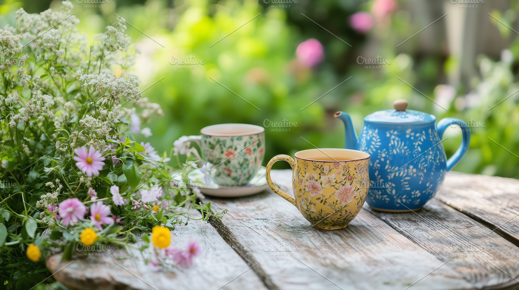 Two floral teacups and a blue teapot, a Food & Drink Photo by MistyDay